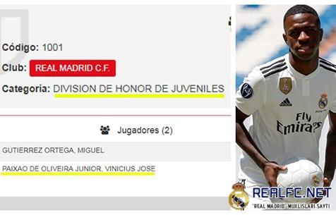 "Мадрид" зарегистрировал Винисиуса, как игрока "Хувениль А"